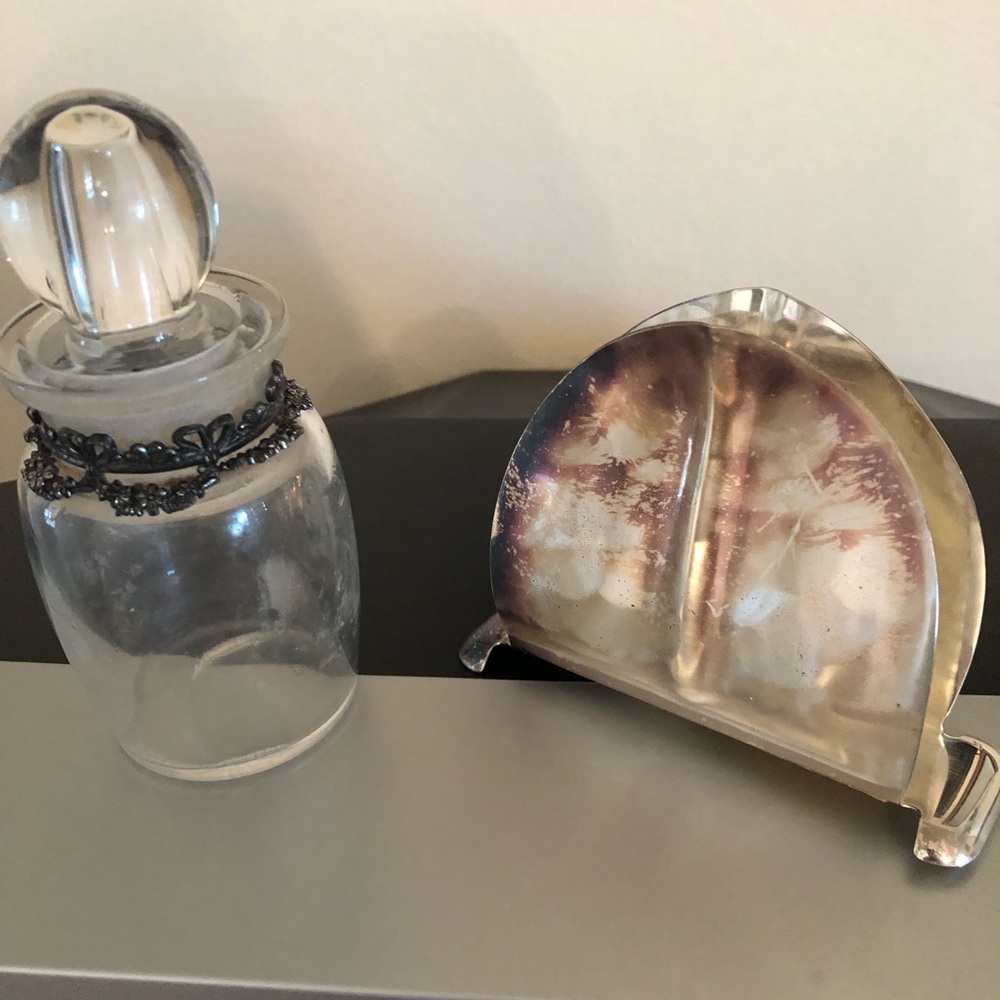 Decorative Silverplated German Napkin Holder and Italian Intricate Perfume Jar